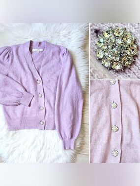 LOFT Lavender Long Sleeve Rhinestone Button V-Neck Cardigan Sweater Size Small